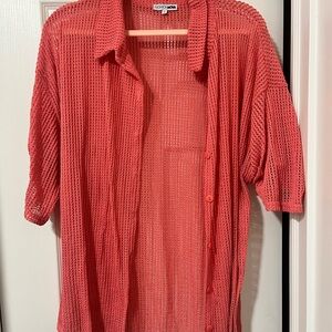 Fashion Nova Coral Open-Weave Button Front Blouse